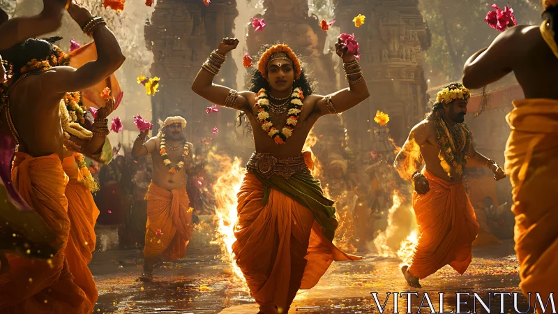 Hindu temple courtyard dance with garlanded male performers.