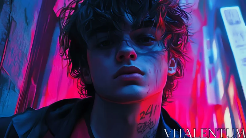 Neon-soaked rebel studies midnight alleys with restless calm