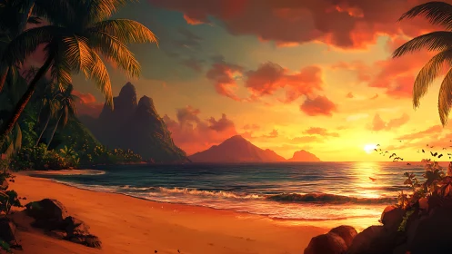 Sunset-illuminated tropical bay with stylized volumetric lighting
