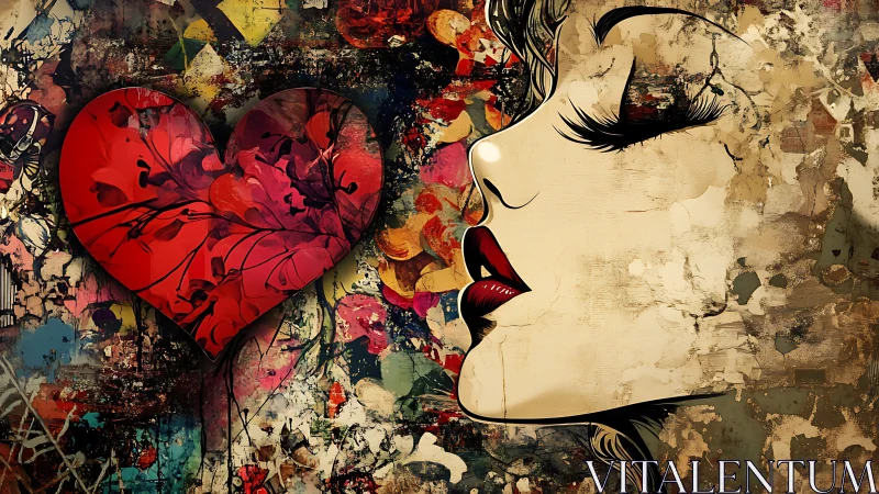 Dreamy woman and blooming heart in a textured love collage.