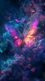 Neon butterfly glows over bioluminescent dream flora.