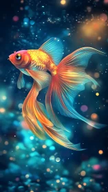 Vibrant goldfish with flowing fins in glowing blue water.