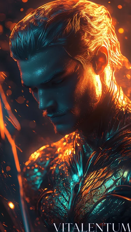 Stoic armored warrior in dramatic orange blue light.