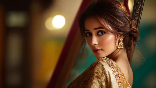 Warm bokeh portrait displays embroidered sari texture and soft key light