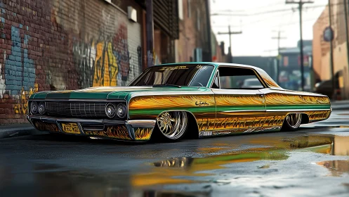 Lowrider coupe with chromatic flame livery in wet alleyway.