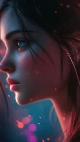 Profile portrait of stylized girl in bokeh-lit, shallow depth rendering
