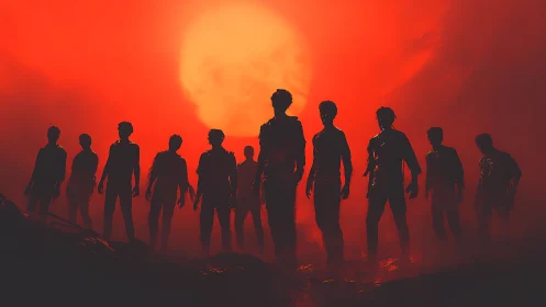 Silhouetted zombie horde under intense red sunset.