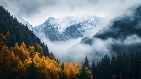 Autumn conifer forest contrasts with misted, snow-textured alpine ridge
