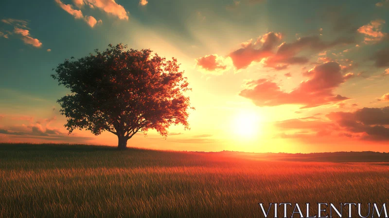 Lone tree on grassy hill under vivid orange sunset sky.