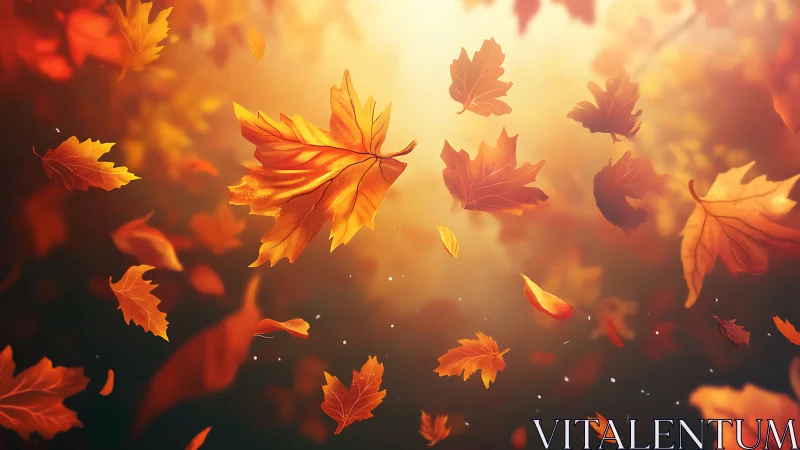 Falling autumn maple leaves in soft backlit outdoor scene.