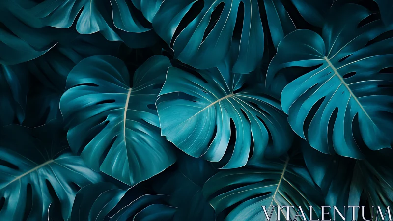Cyan-toned monstera foliage forms a dense abstract botanical field