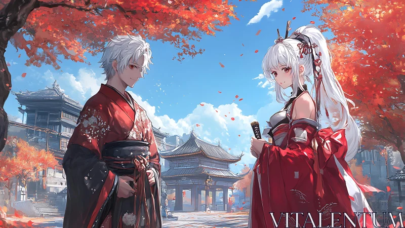 Autumn kimono duelists stand in a sunlit Japanese courtyard