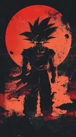 Silhouetted spiky haired warrior before red grunge moon.