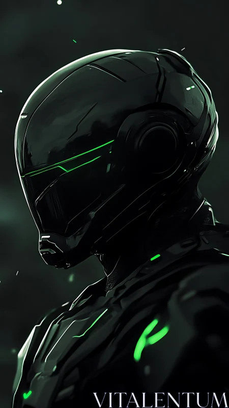 Black armored figure in helmet stands against dark backdrop