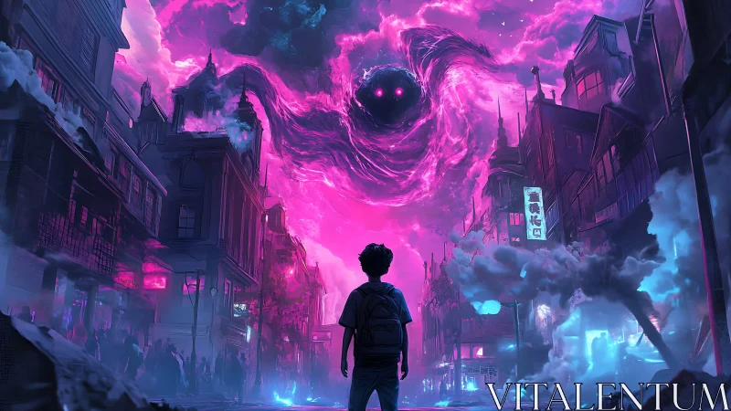 Neon storm entity looming above child in deserted street.