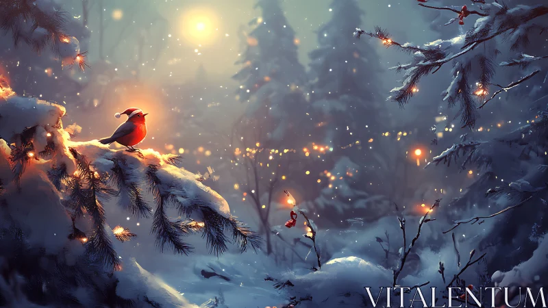 Red robin in glowing winter forest under falling snow