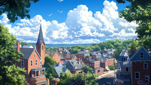 Digital illustration shows small town rooftops under clouded sky