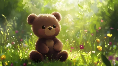 Cute brown teddy bear sitting in a bright flower meadow.
