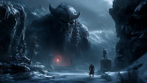 Dark fantasy stronghold with colossal demonic gate sculpture.