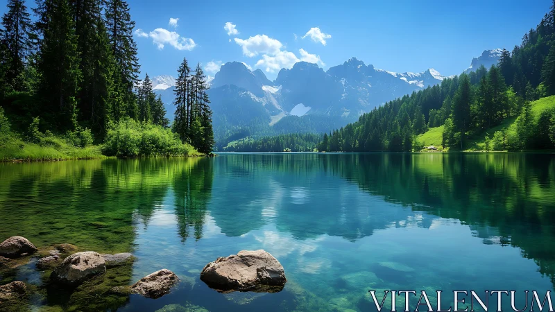 Mountain lake landscape with forest shoreline and reflections.