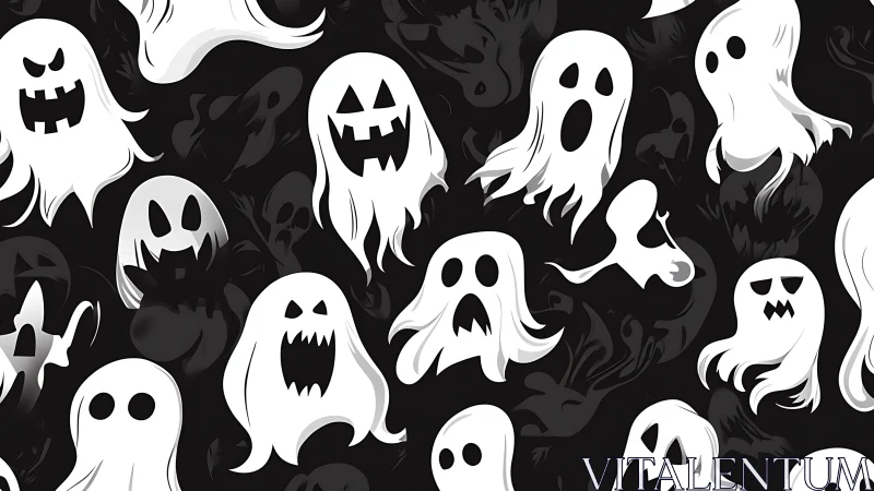Cartoon ghost pattern on dark seamless Halloween background.