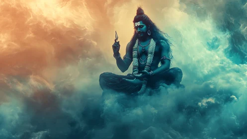 Divine blue-skinned yogi meditating in glowing storm clouds.