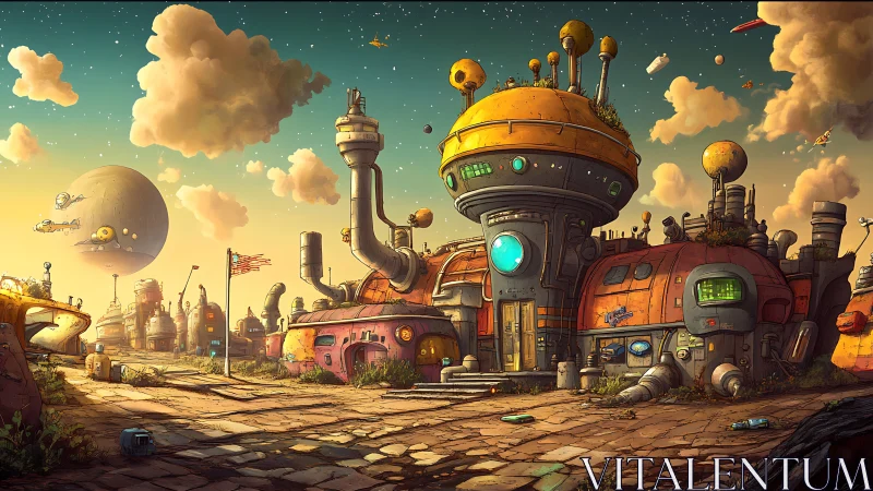 Retro-futuristic desert spaceport with domed habitat modules