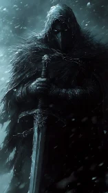 Digital painting of hooded plague knight with icy greatsword.