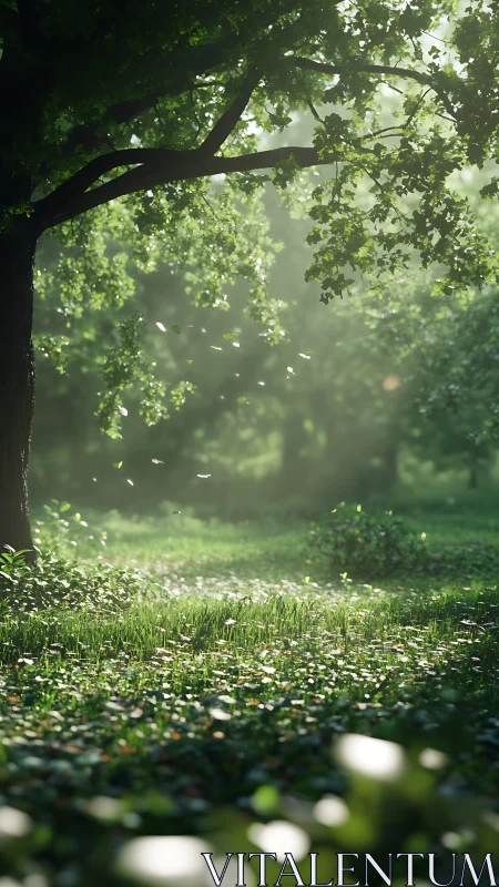 Sunlit forest clearing with established tree specimen displaying canopy and ground vegetation.