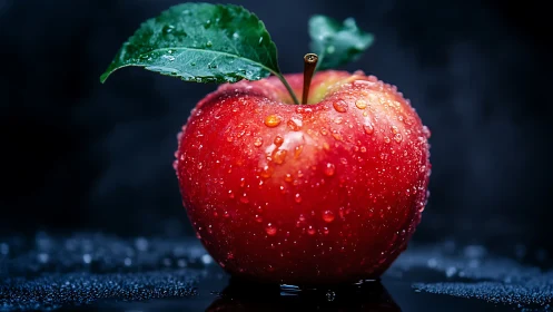 Macro red apple with dew droplets on reflective surface.