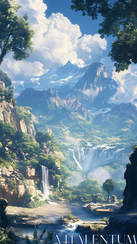 Digital painting of alpine waterfalls in tiered valley landscape.