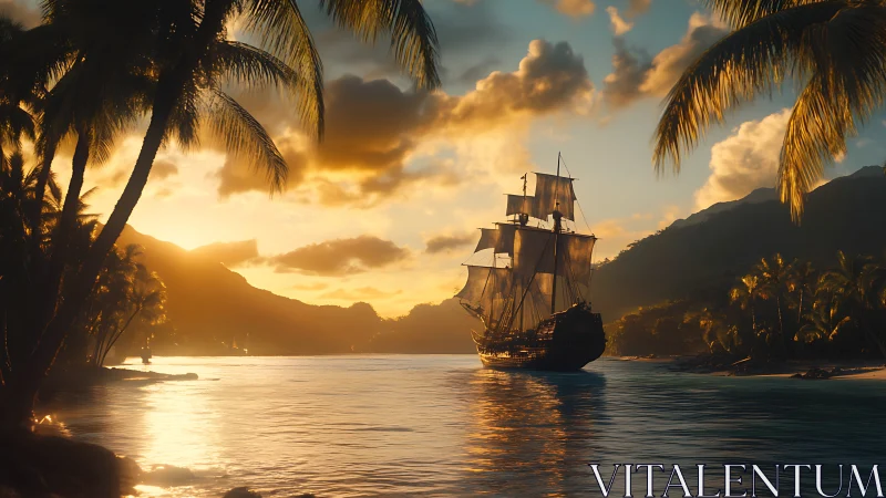 Photorealistic tall ship at tropical bay during golden hour.