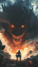 Human figure confronts large fiery creature in volcanic terrain