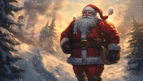 Warm-hearted Santa strolling through a glowing winter forest.