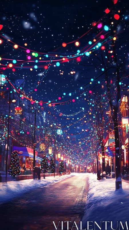 Snowy festive street rendered with luminous bokeh lighting effects