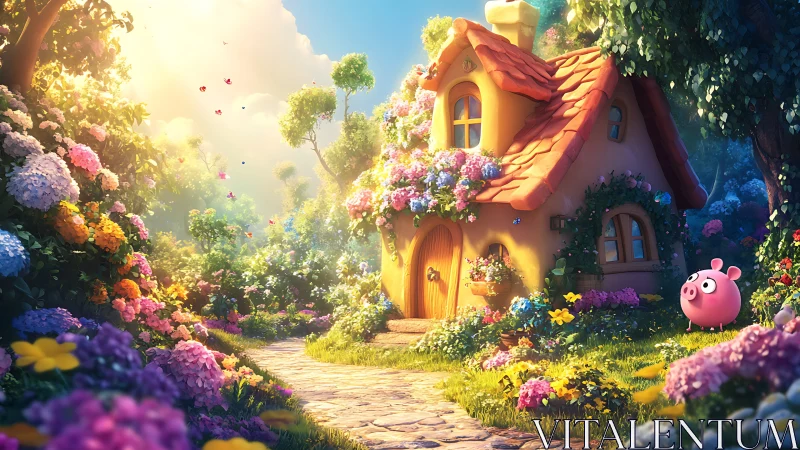 Sunlit cottage path with whimsical garden and pink piglet.