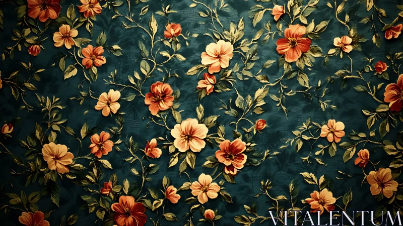 Vintage floral wallpaper over teal with golden botanical vines.