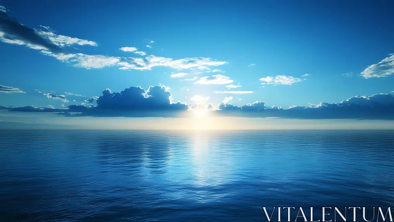 Calm ocean horizon under radiant blue sunrise sky.