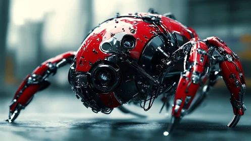 Red quadruped inspection drone with exposed optical core rendered