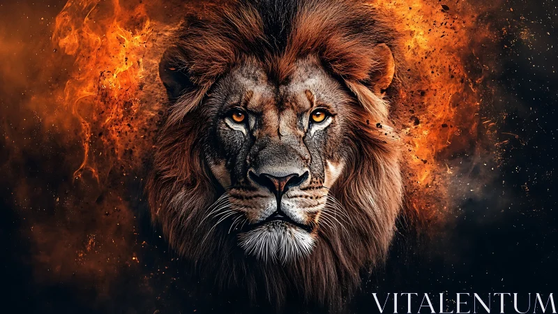 Lion head burns against dark void in fiery digital portrait