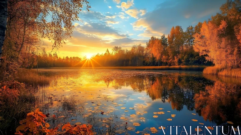Low-angle autumn lake sunset with mirrored tree-line reflection