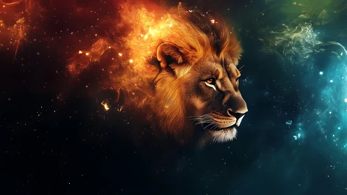 Starforged lion drifting between ember and nebula dusk.