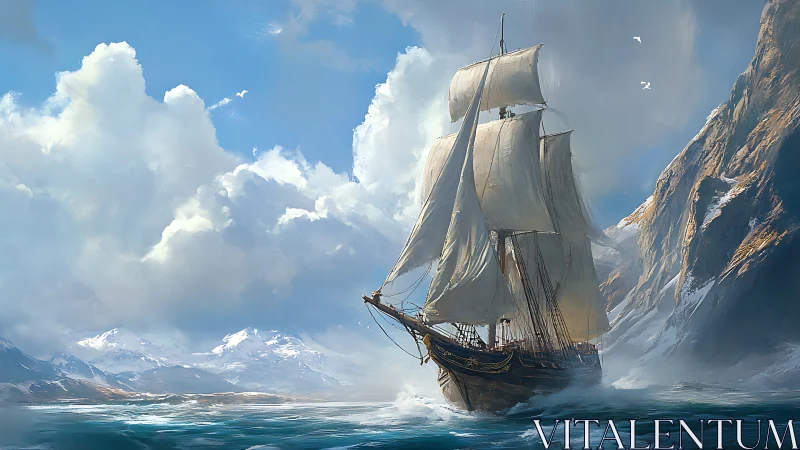 Tall ship under sail near snowy coastal cliffs in daylight.