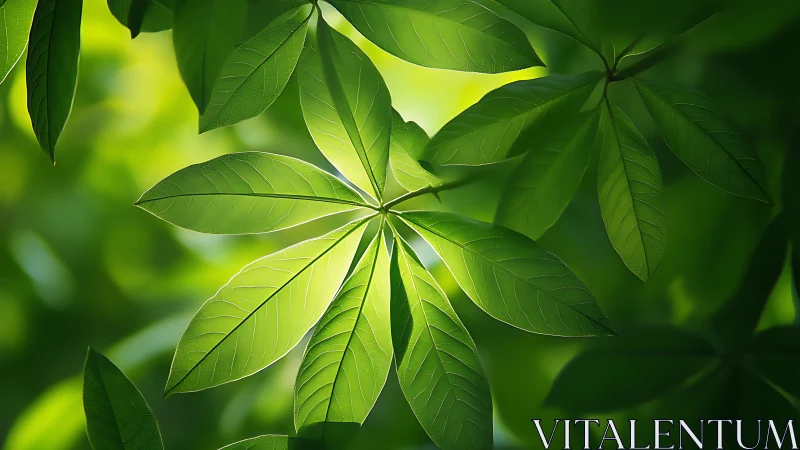 Sunlit leaf spokes quietly sketch a green cathedral roof