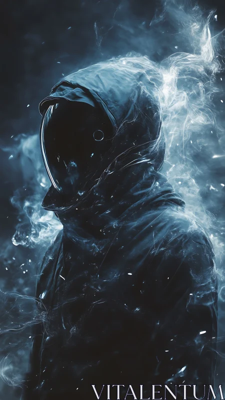 Hooded void figure in reflective visor shrouded by vaporous smoke