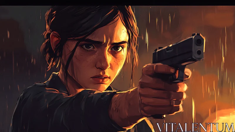 Determined young survivor aims handgun through driving rain