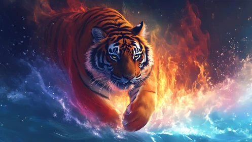 Fire and water tiger charging through elemental waves.
