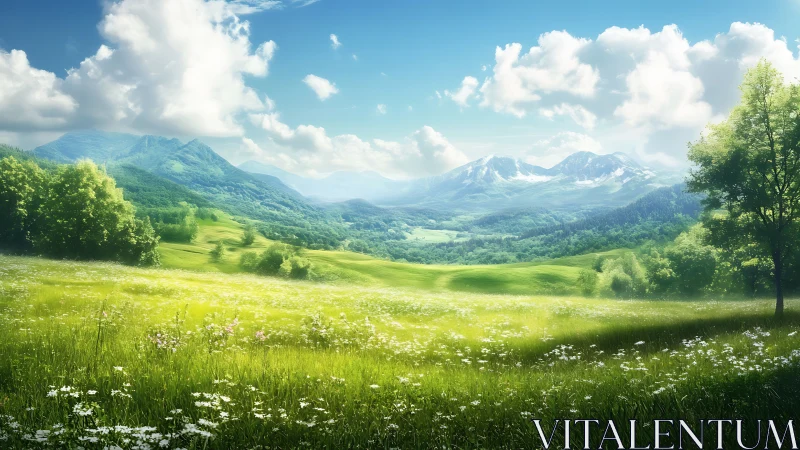 High-dynamic-range alpine meadow under volumetric cloudfield.