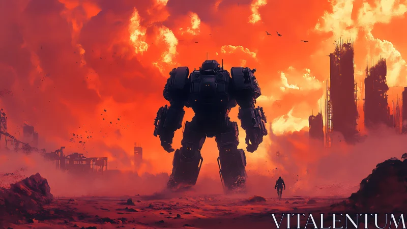 Giant combat mech in red post apocalyptic wasteland.
