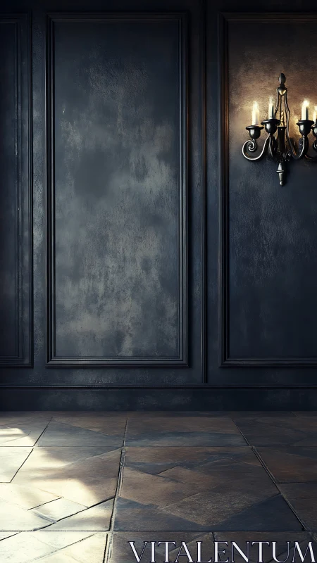 Moody paneled wall with single vintage candle sconce glow.